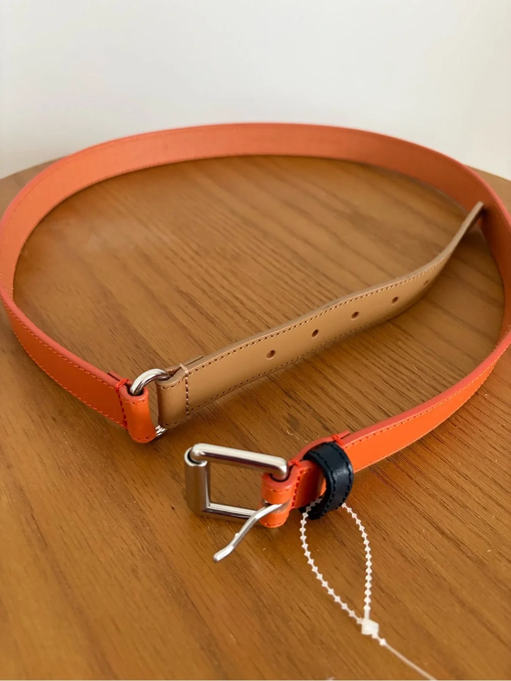 Talbots Orange and Tan Leather Belt with Silver Buckle Size L.